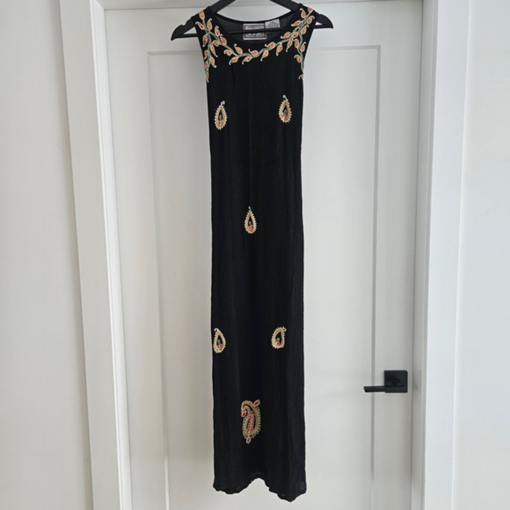 Embroidered Black Maxi Dress with Paisley Accents